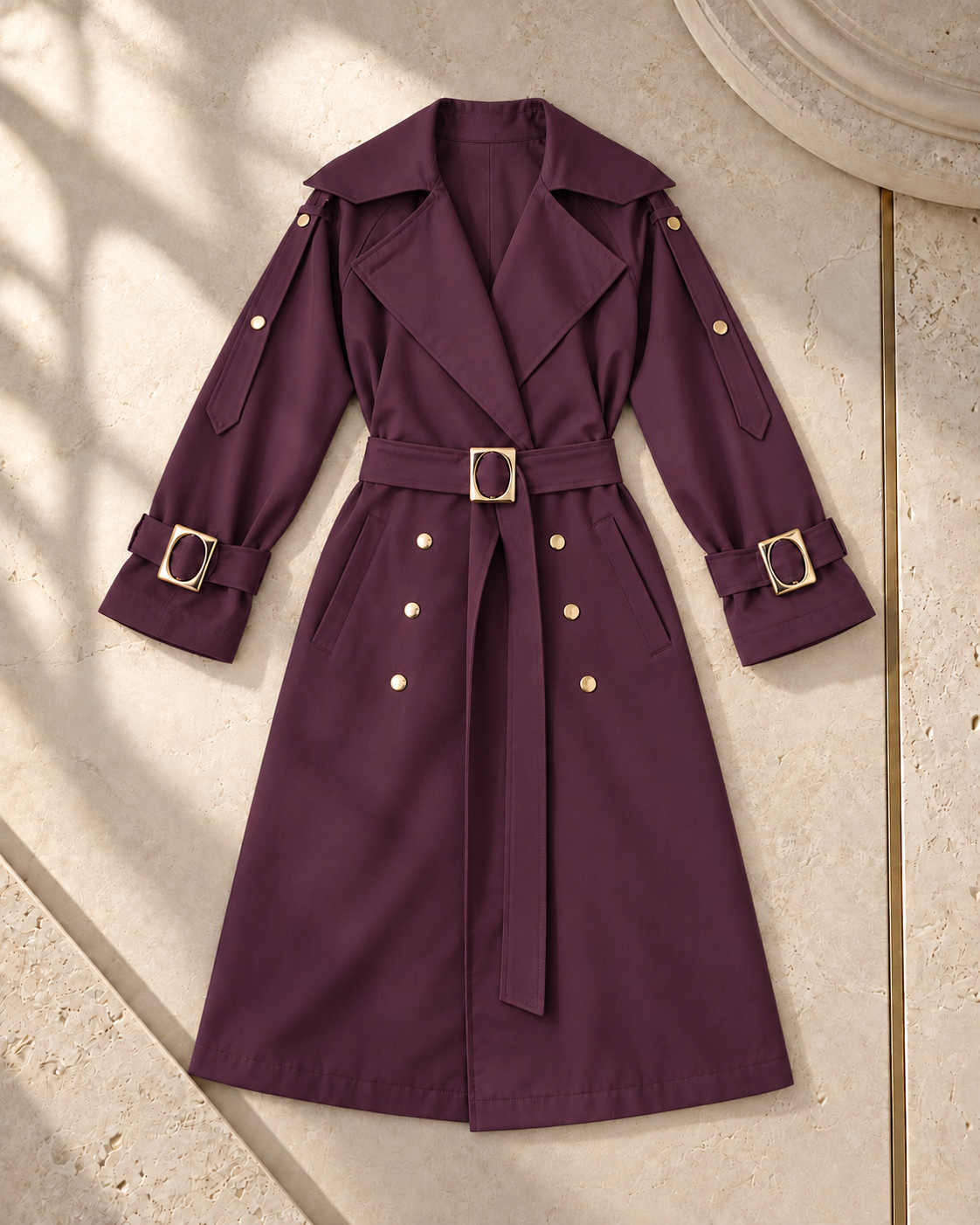Gabardine Trench Coat with Gold-Tone Details