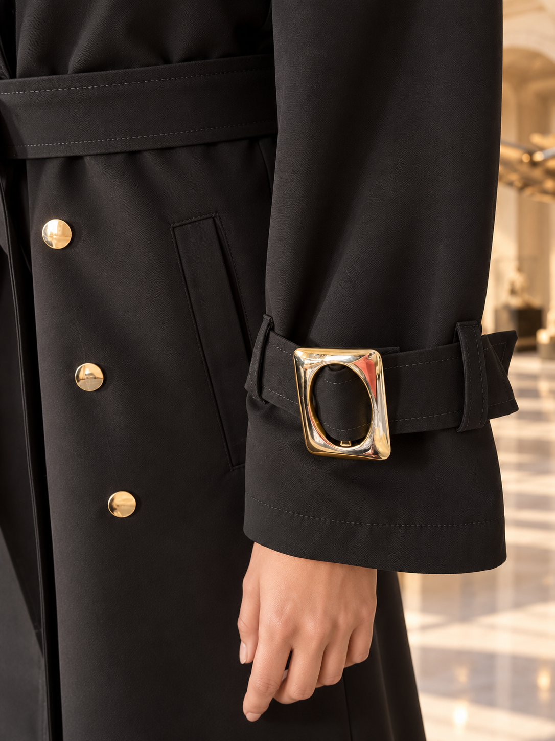 Gabardine Trench Coat with Gold-Tone Details