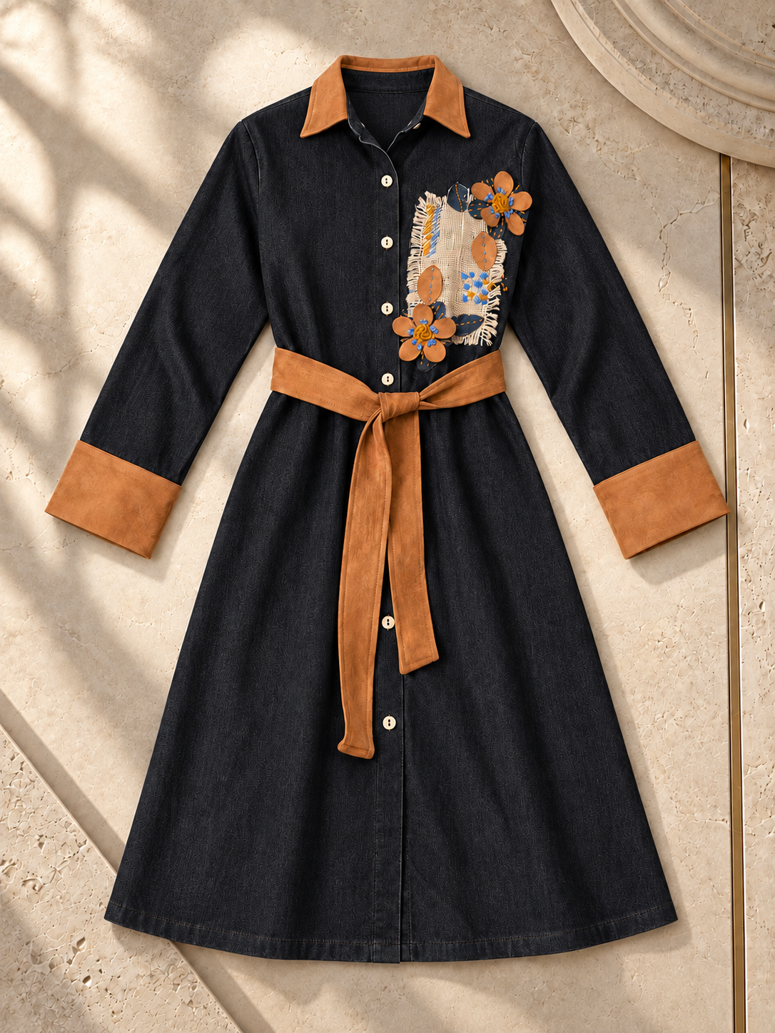 Floral Appliqué Long Denim Chemise