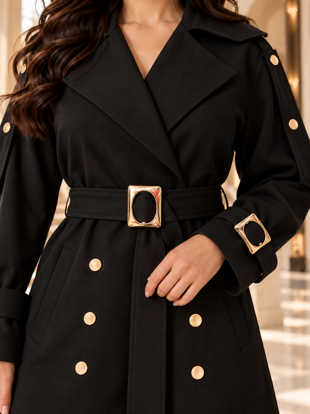 Gabardine Trench Coat with Gold-Tone Details