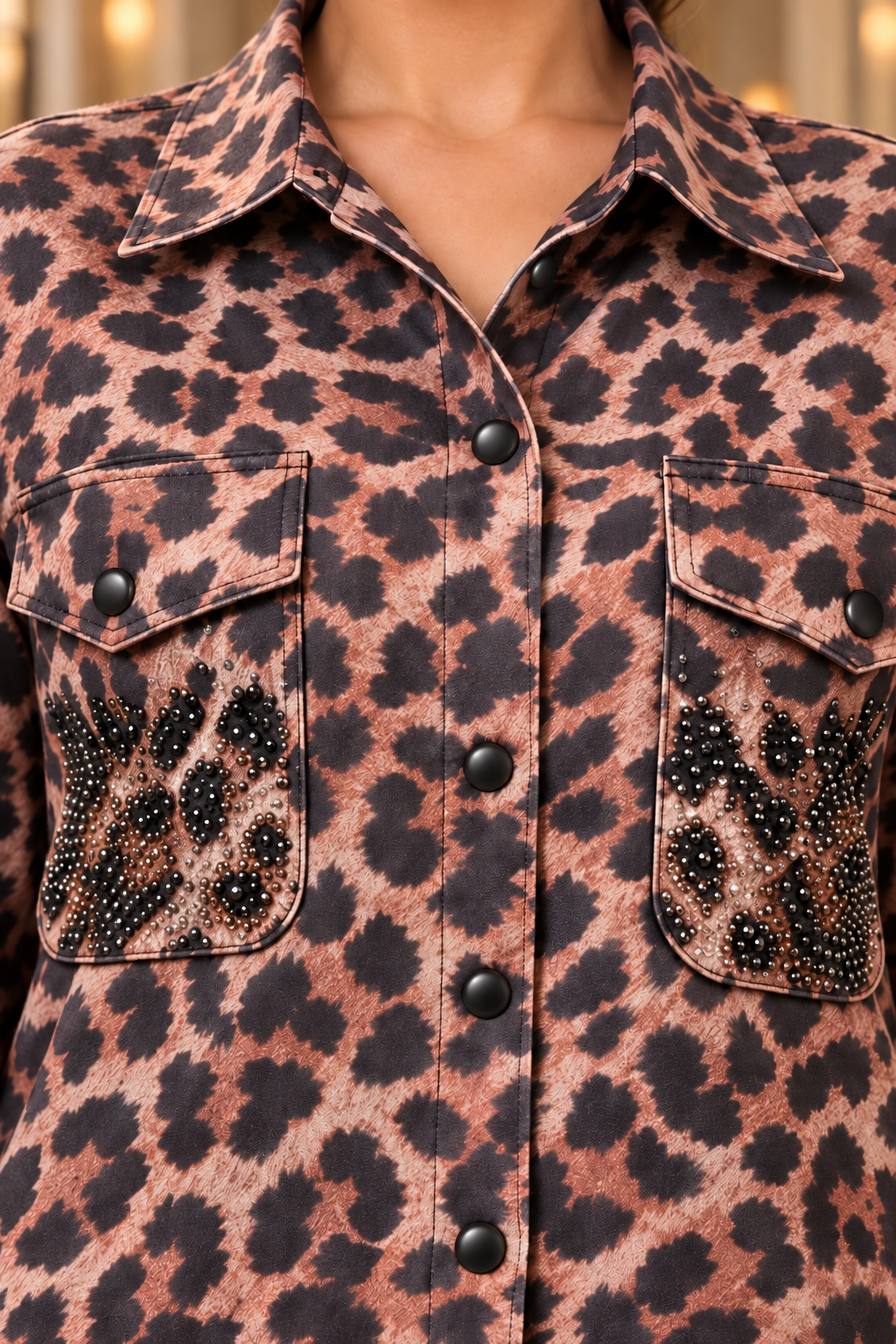 Leopard Print Rhinestone Pocket Blouse