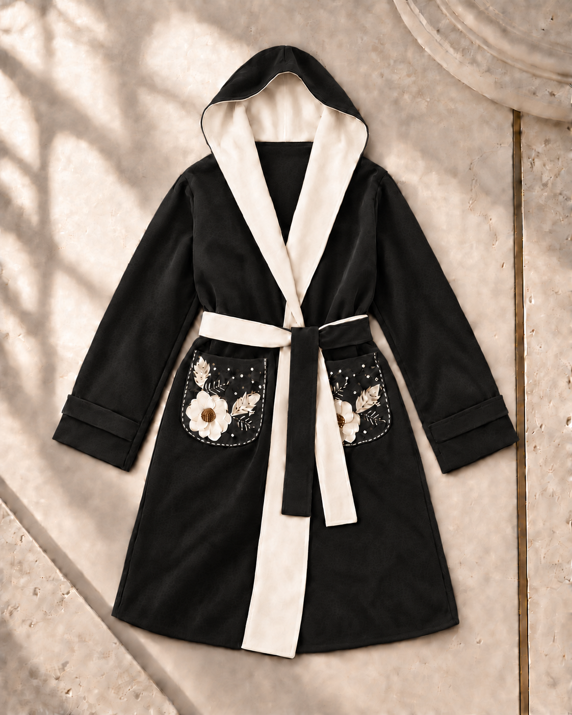 Floral Embroidered Hooded Wrap Coat