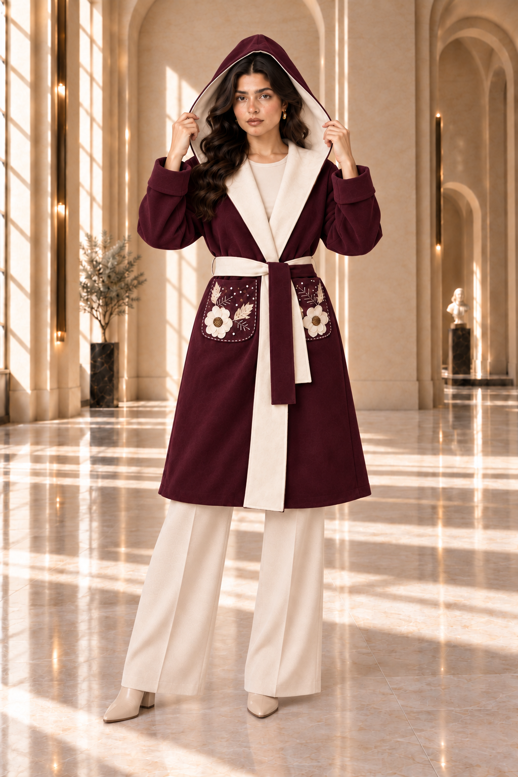 Floral Embroidered Hooded Wrap Coat