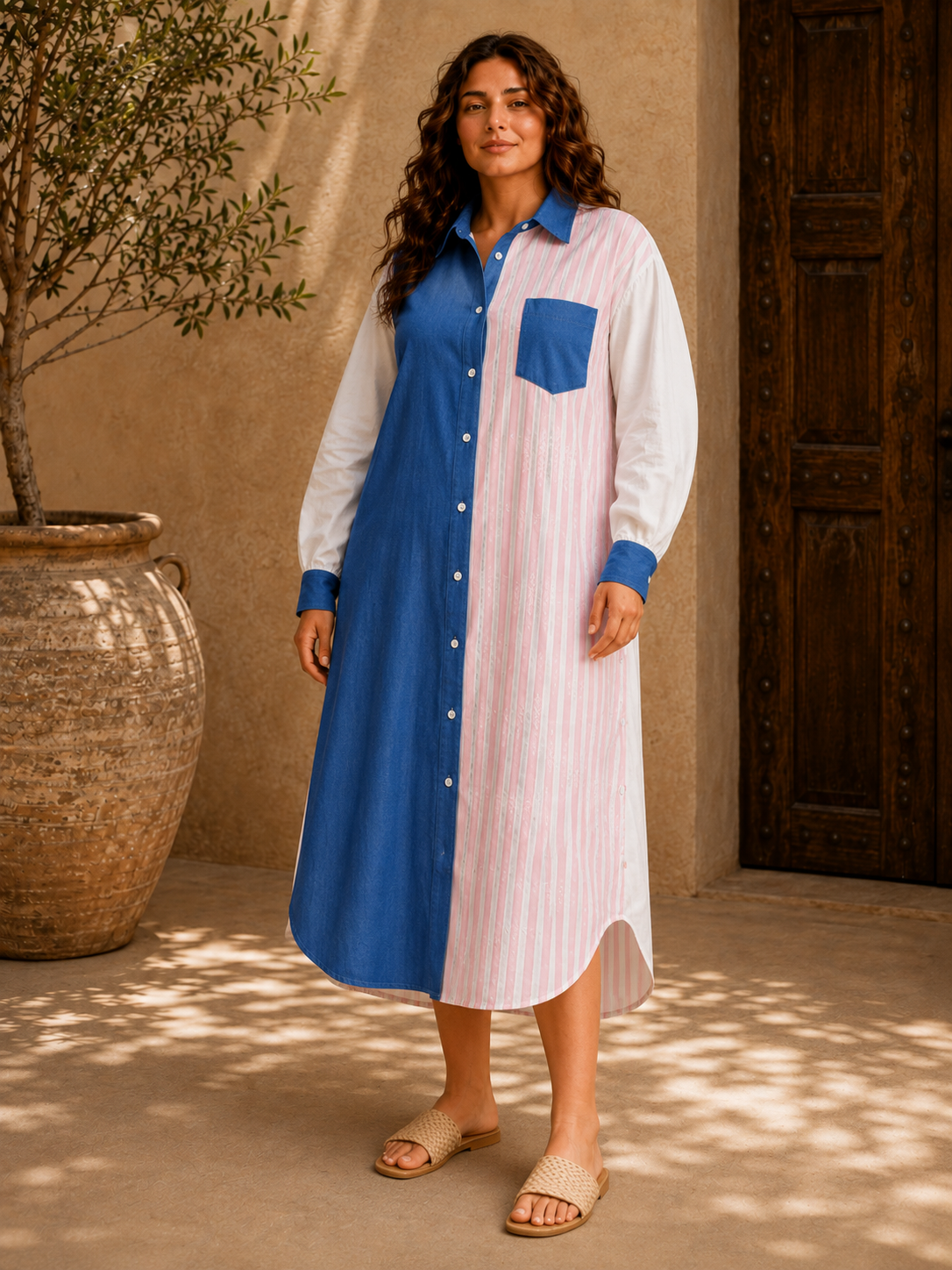 Contrast Stripe Shirt Dress