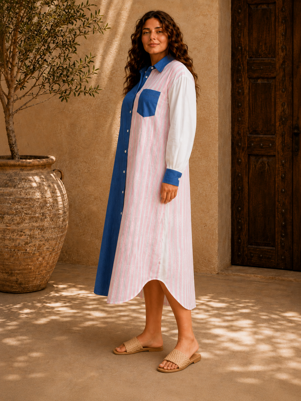 Contrast Stripe Shirt Dress
