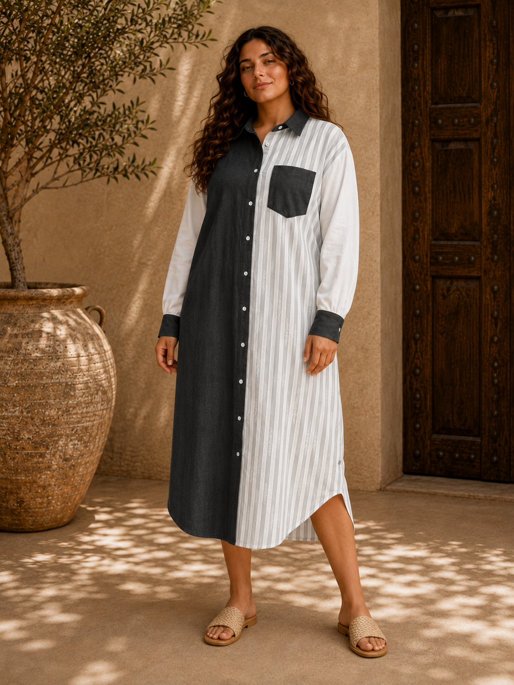 Contrast Stripe Shirt Dress