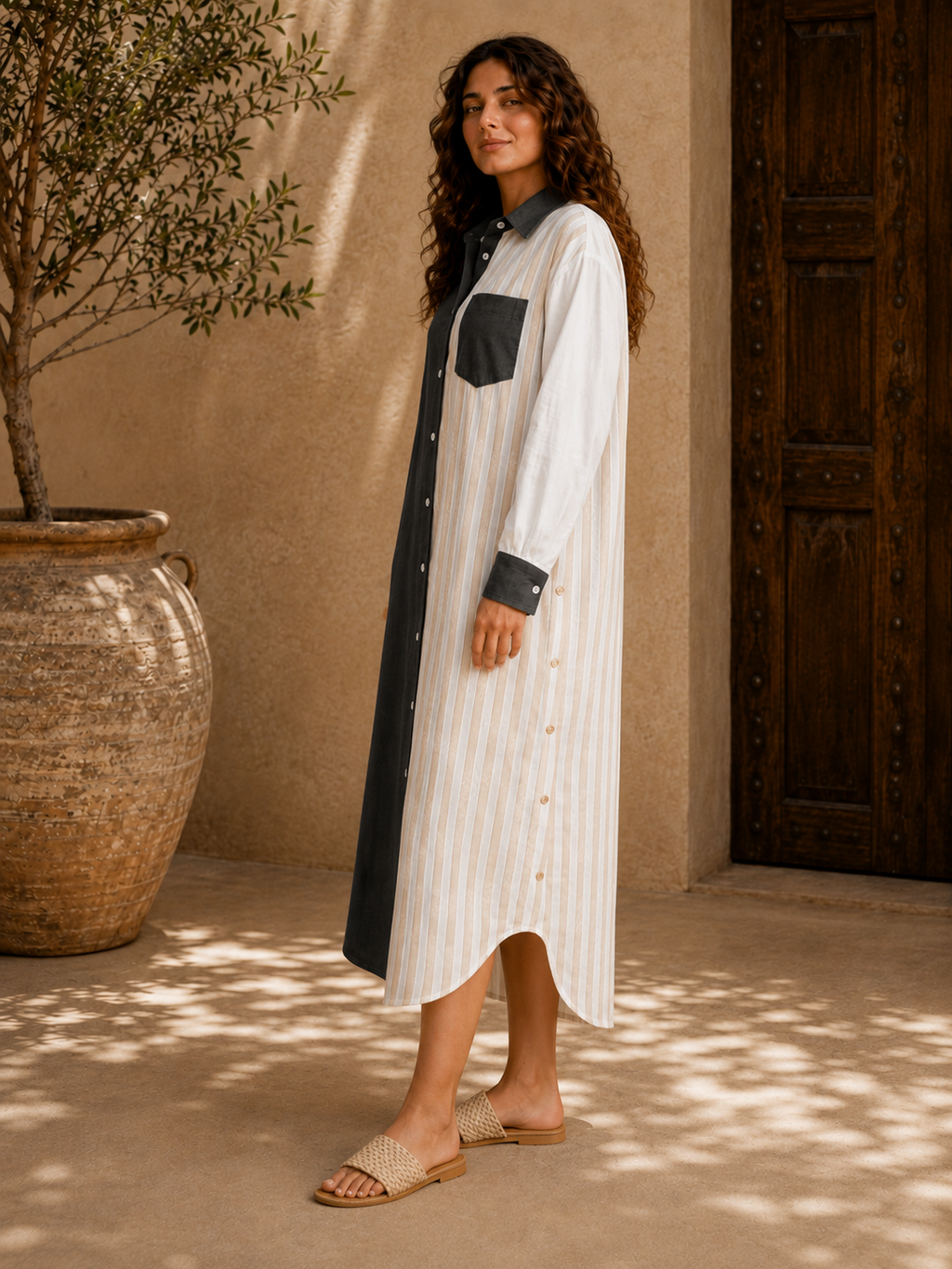 Contrast Stripe Shirt Dress
