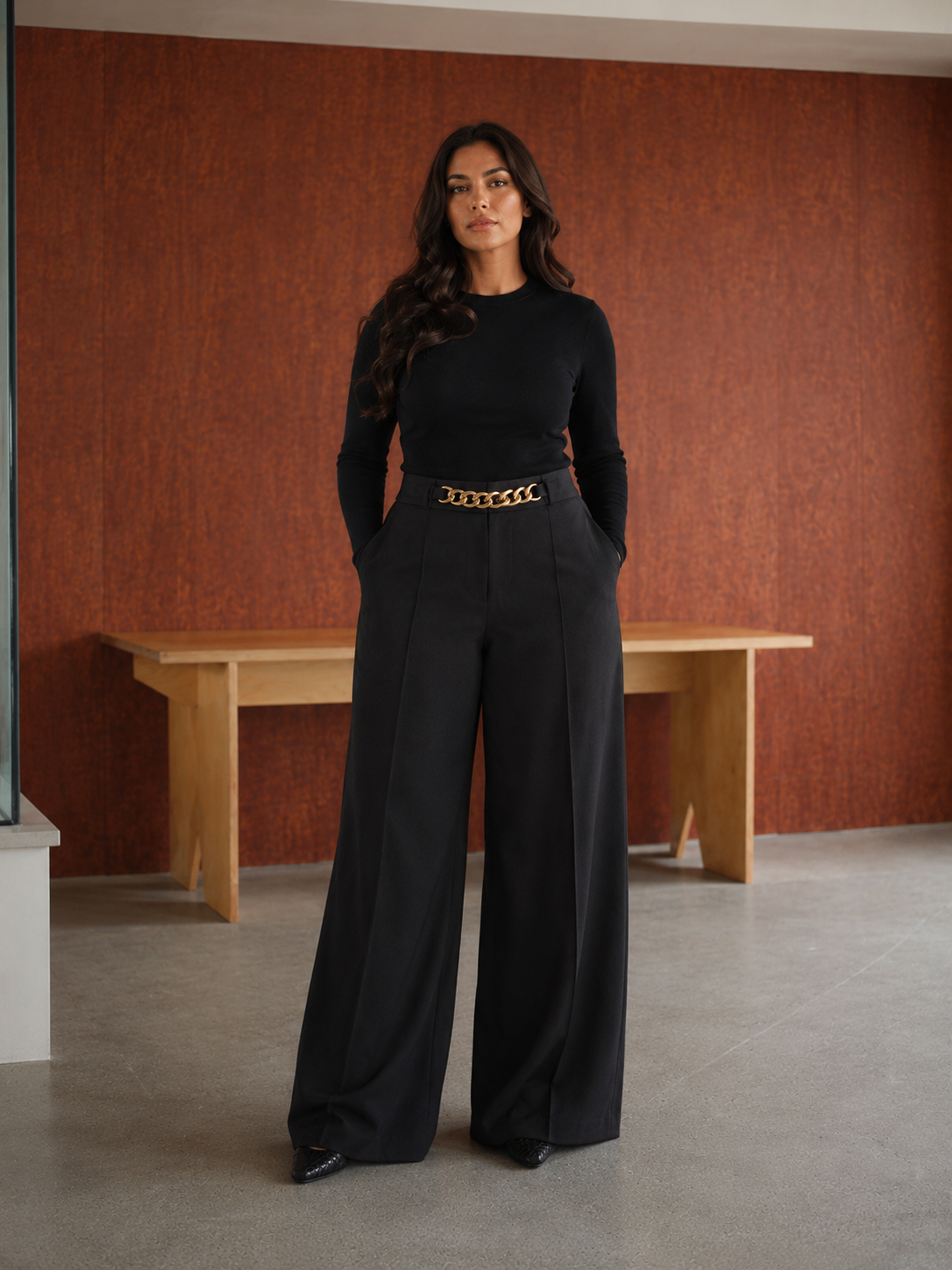 Chain Detail Wide-Leg Trousers