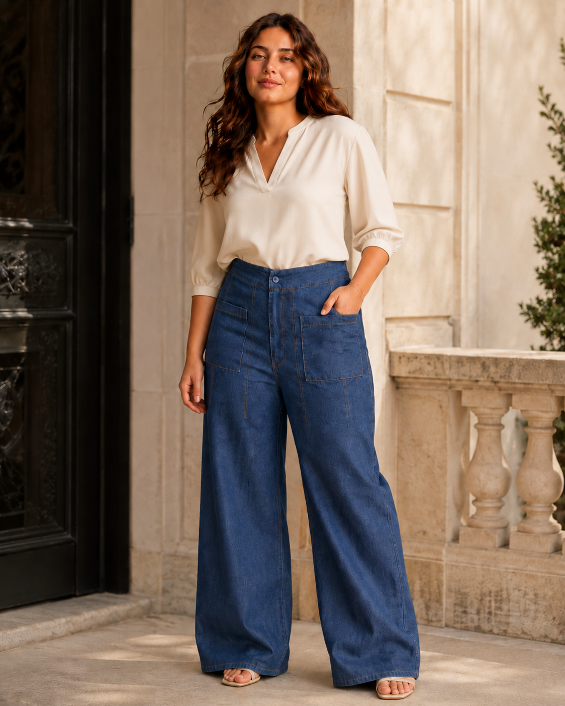 Textured Wide-Leg Pants