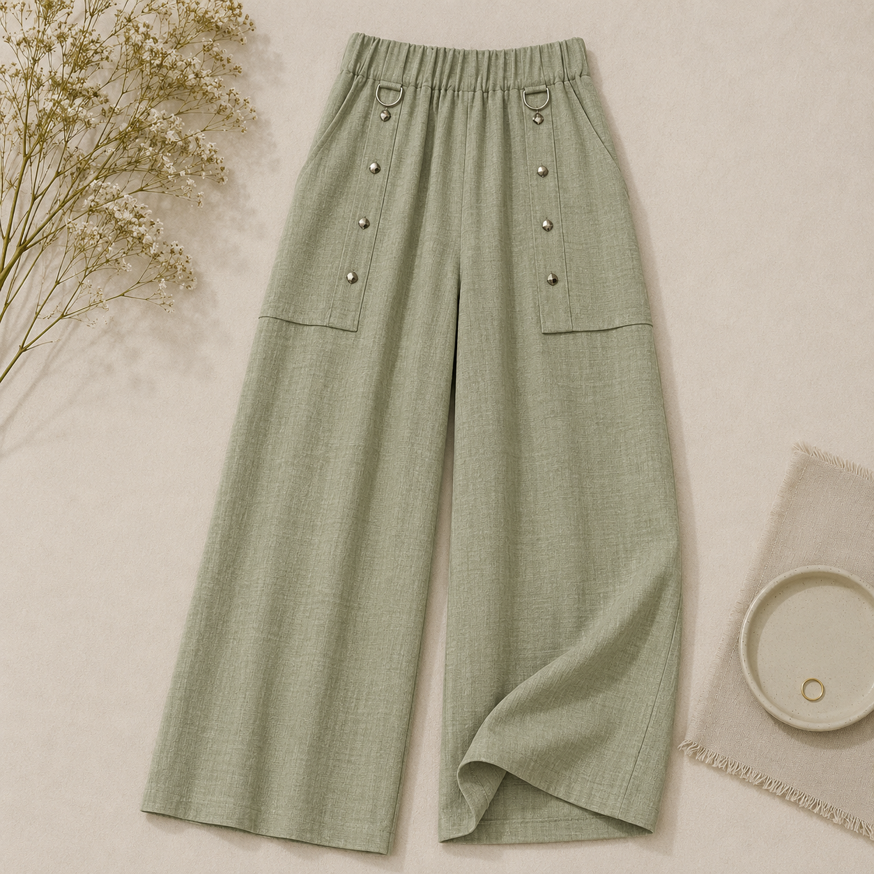 Wide-Leg Linen Blend Trousers