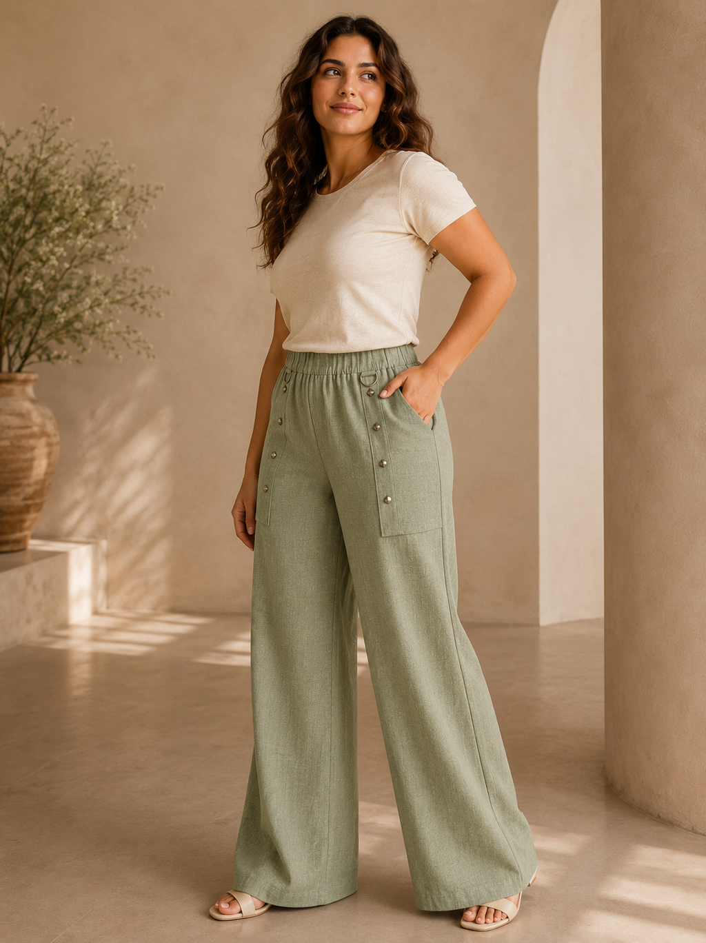 Wide-Leg Linen Blend Trousers