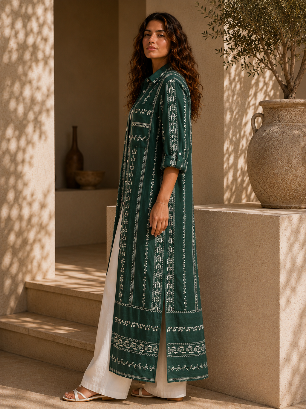 Embroidered Long Shirt Dress
