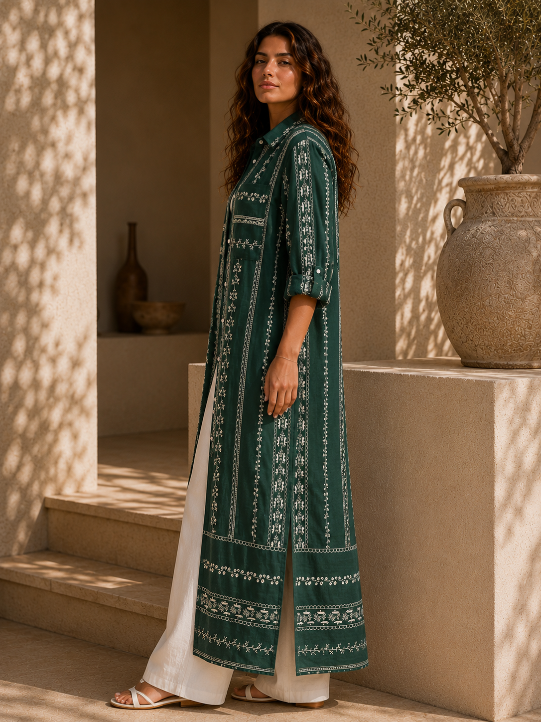 Embroidered Long Shirt Dress