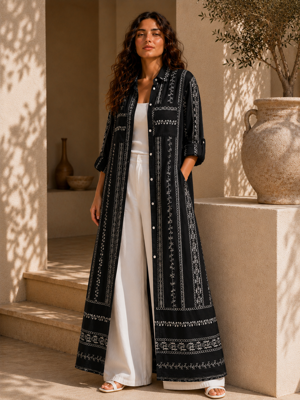 Embroidered Long Shirt Dress