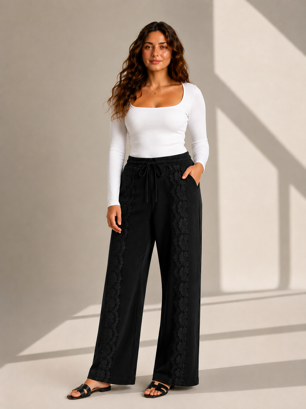 Lace Detail Wide-Leg Trousers