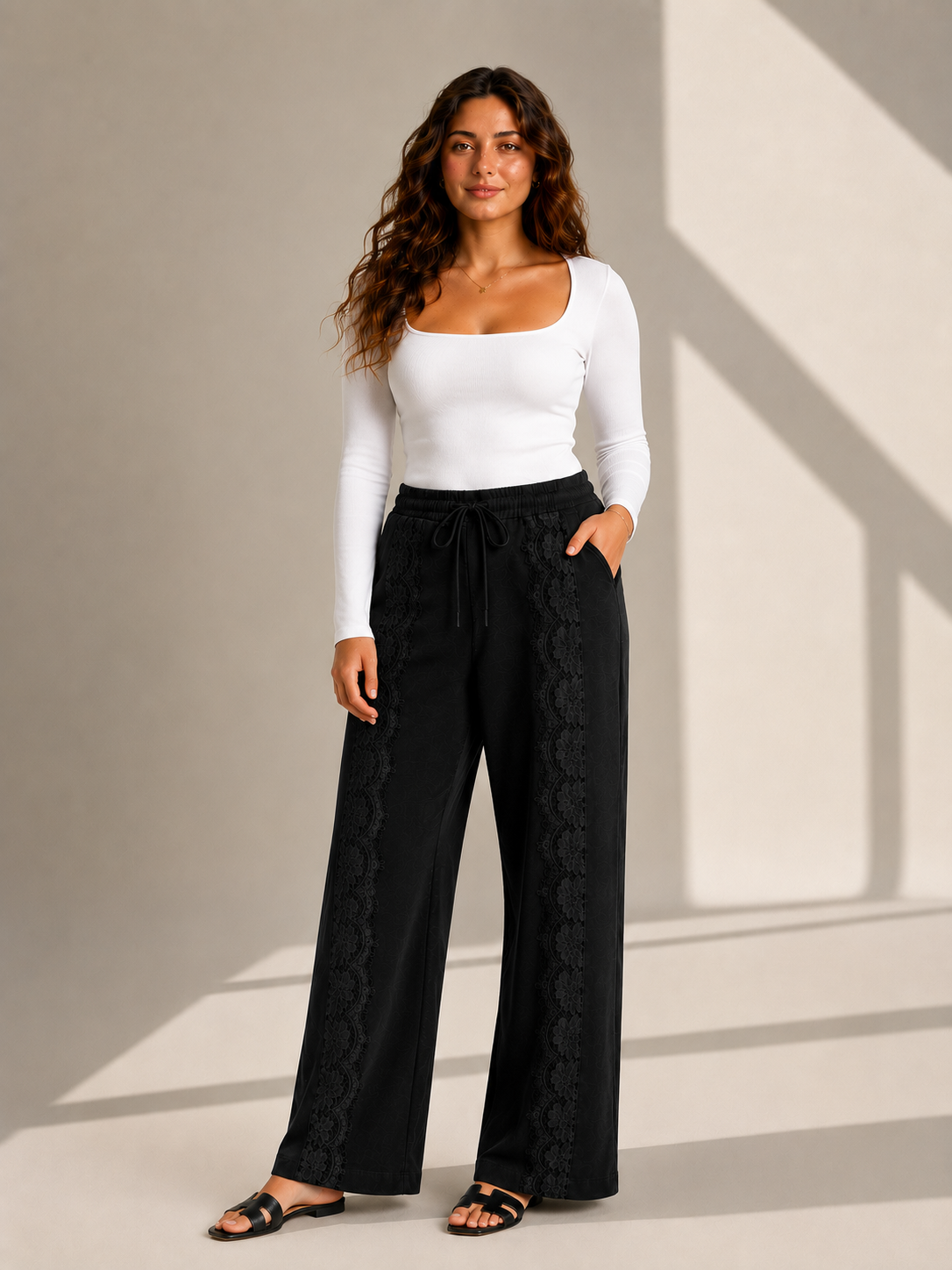 Lace Detail Wide-Leg Trousers