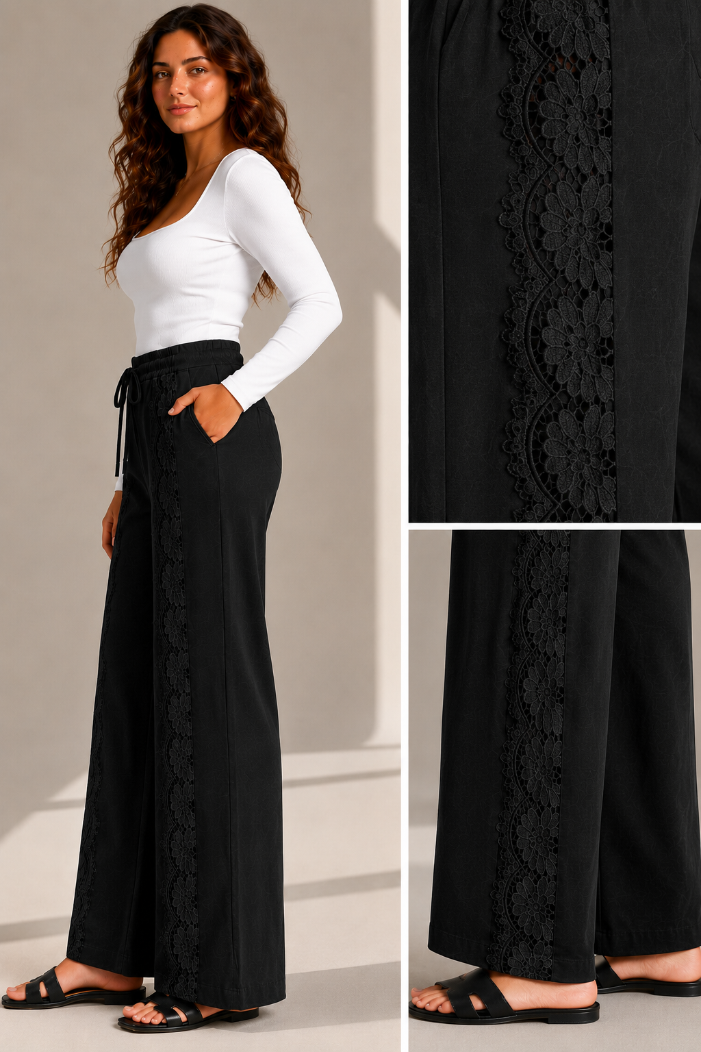 Lace Detail Wide-Leg Trousers