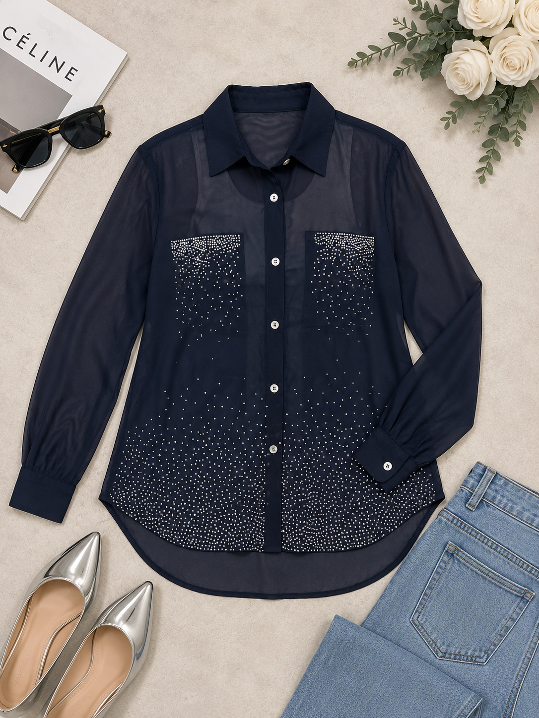 Midnight Strass Chiffon Shirt