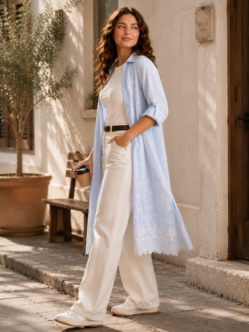Embroidered Long Linen Cardigan