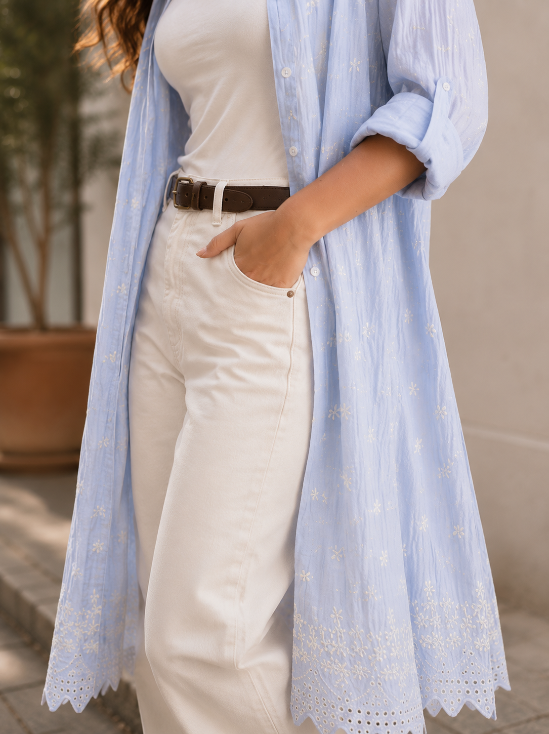 Embroidered Long Linen Cardigan