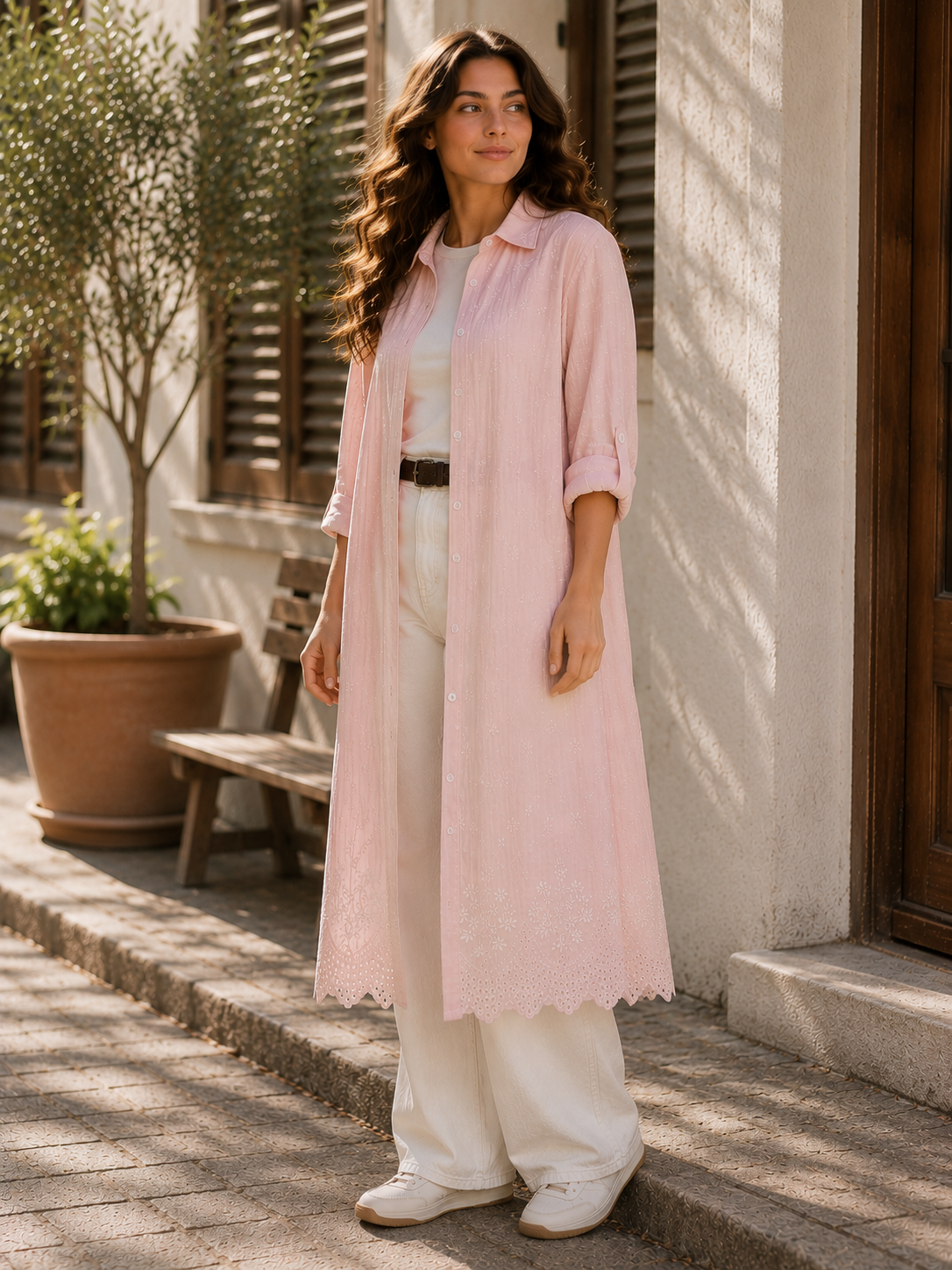 Embroidered Long Linen Cardigan