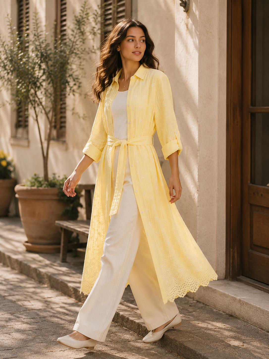 Embroidered Long Linen Cardigan