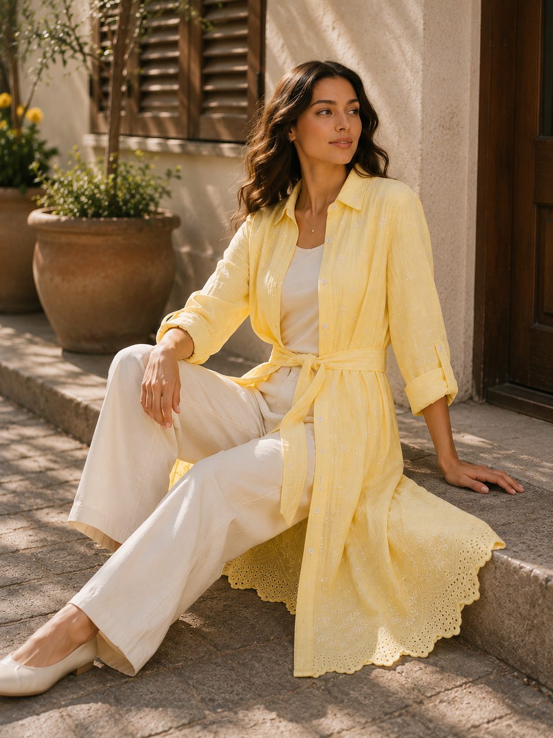 Embroidered Long Linen Cardigan