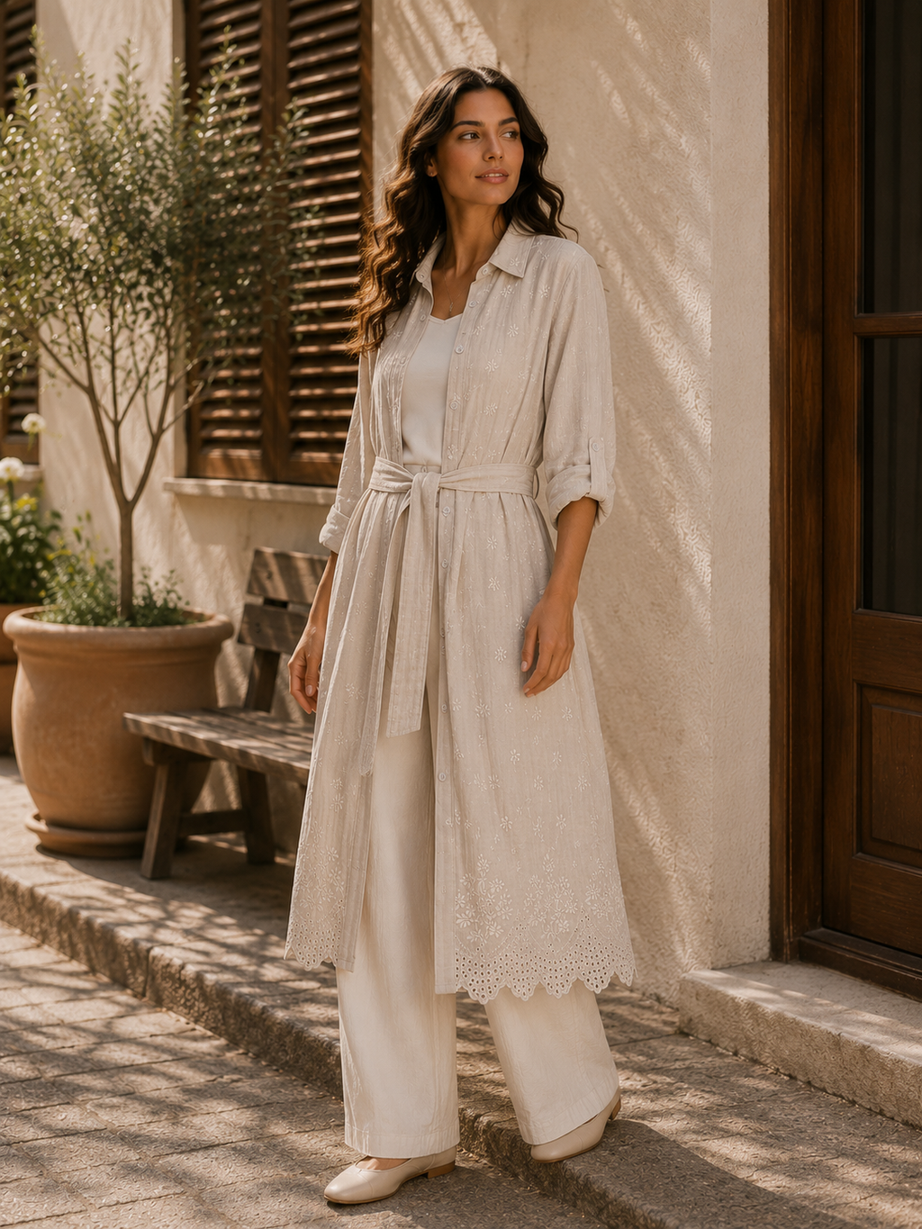 Embroidered Long Linen Cardigan
