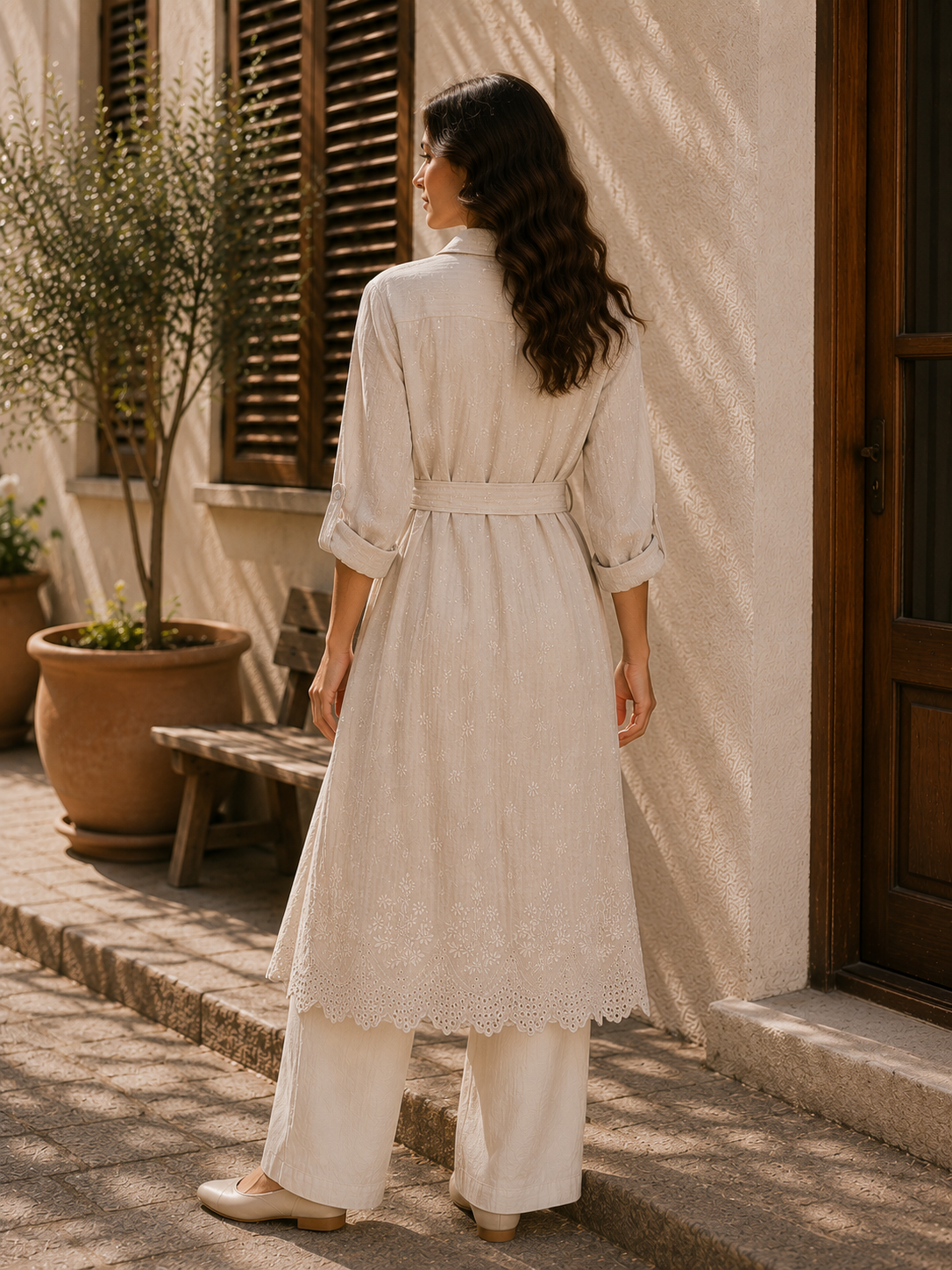 Embroidered Long Linen Cardigan