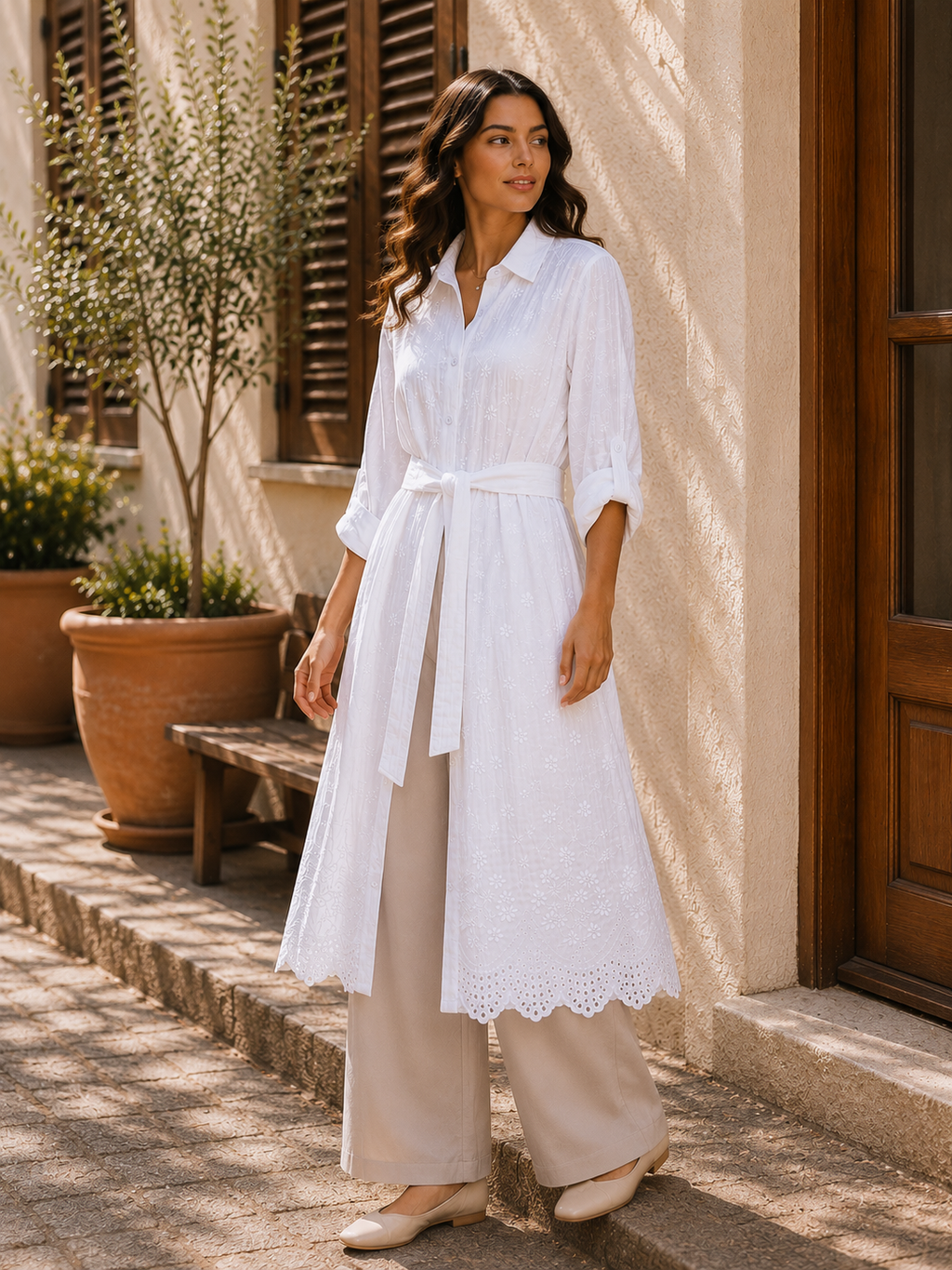 Embroidered Long Linen Cardigan