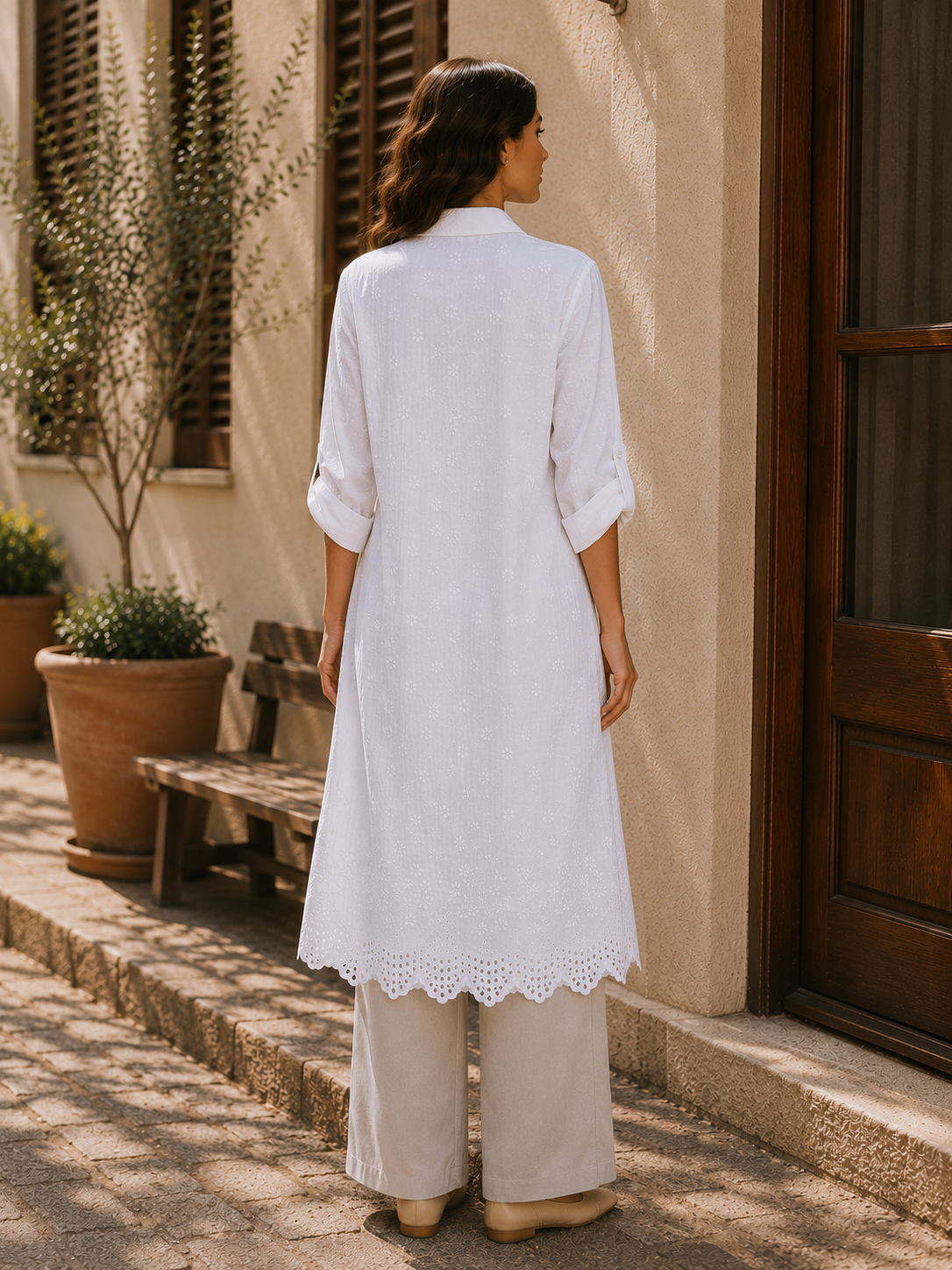 Embroidered Long Linen Cardigan