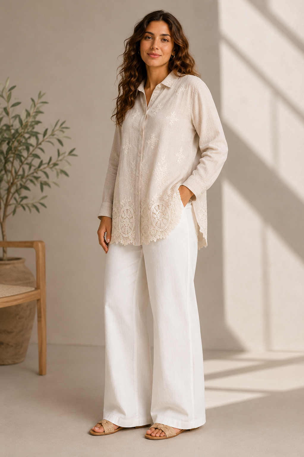 Ivory Embroidered Linen Shirt