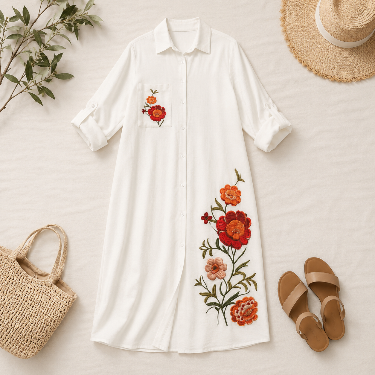 Embroidered Linen Shirt Dress