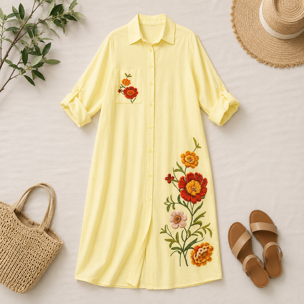 Embroidered Linen Shirt Dress