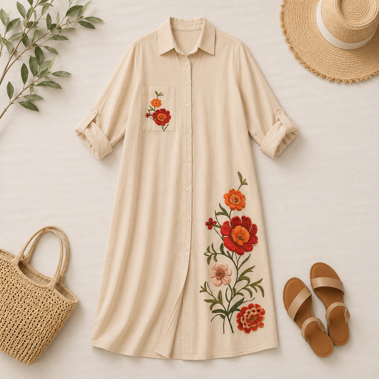 Embroidered Linen Shirt Dress