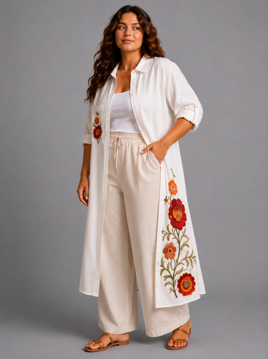 Embroidered Linen Shirt Dress