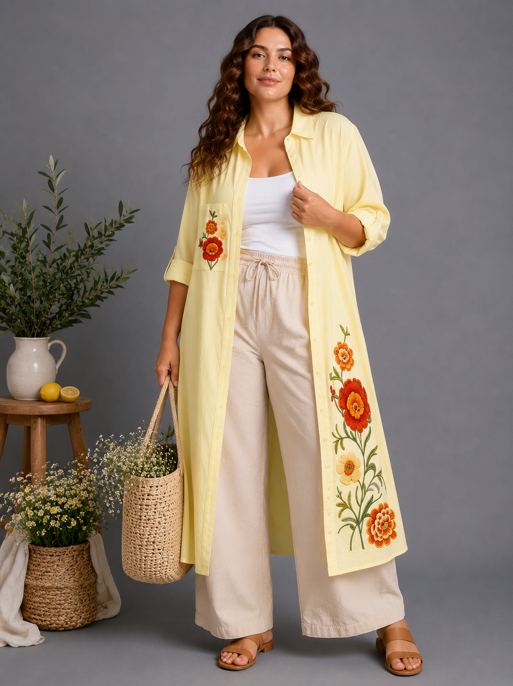Embroidered Linen Shirt Dress
