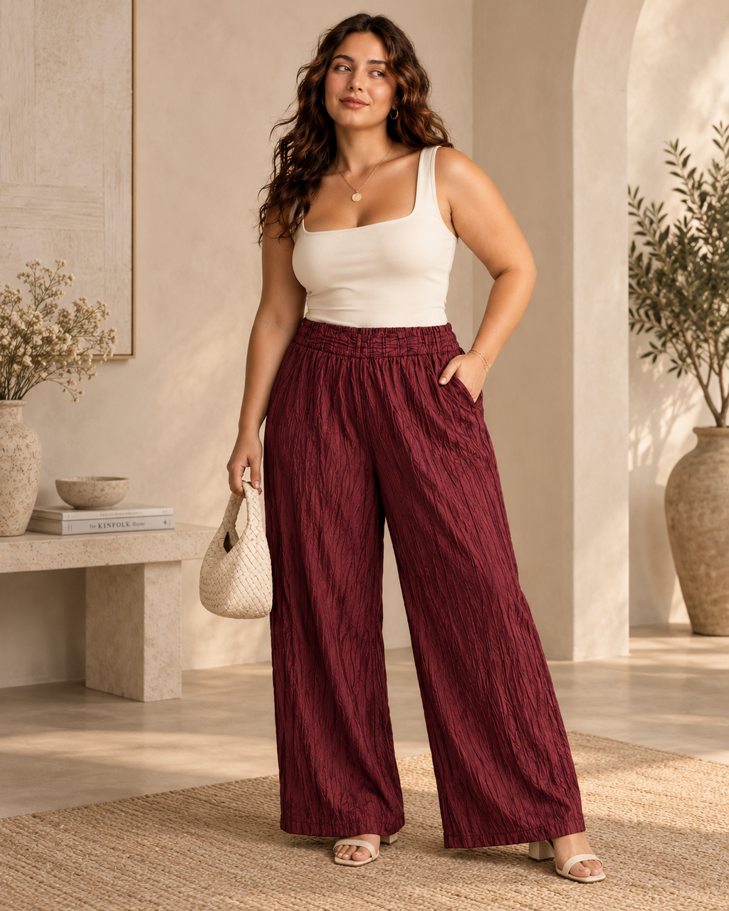 Crinkled Wide-Leg Trousers