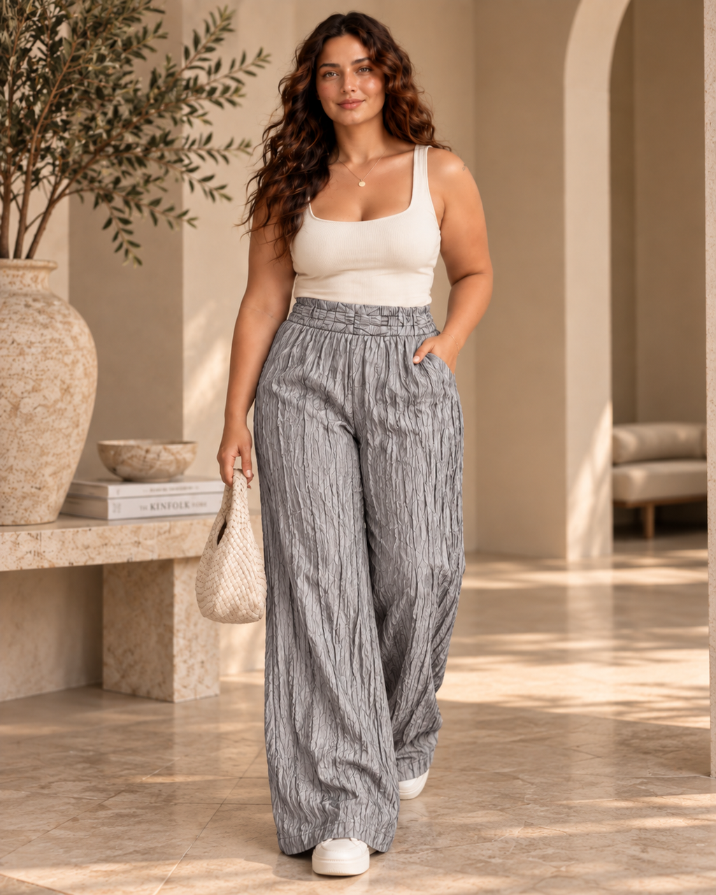 Crinkled Wide-Leg Trousers