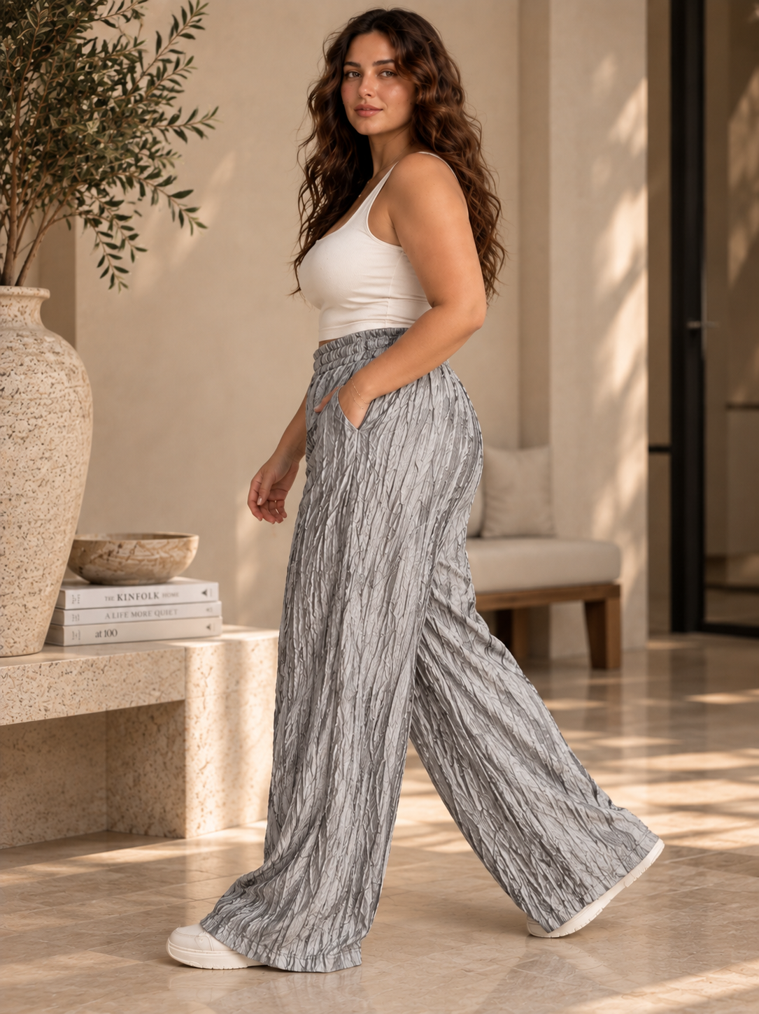 Crinkled Wide-Leg Trousers