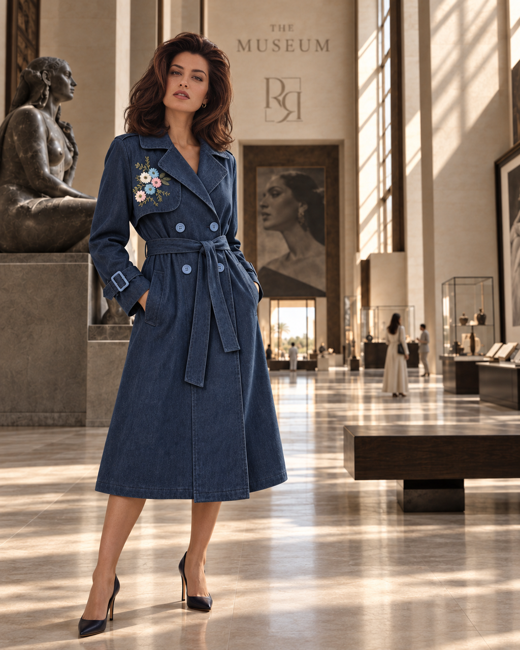 Floral Embroidered Denim Trench Coat