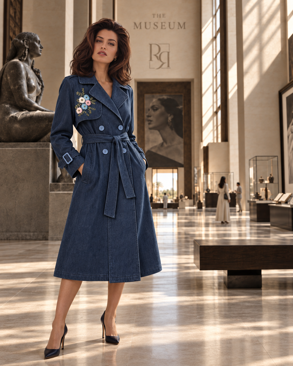 Floral Embroidered Denim Trench Coat