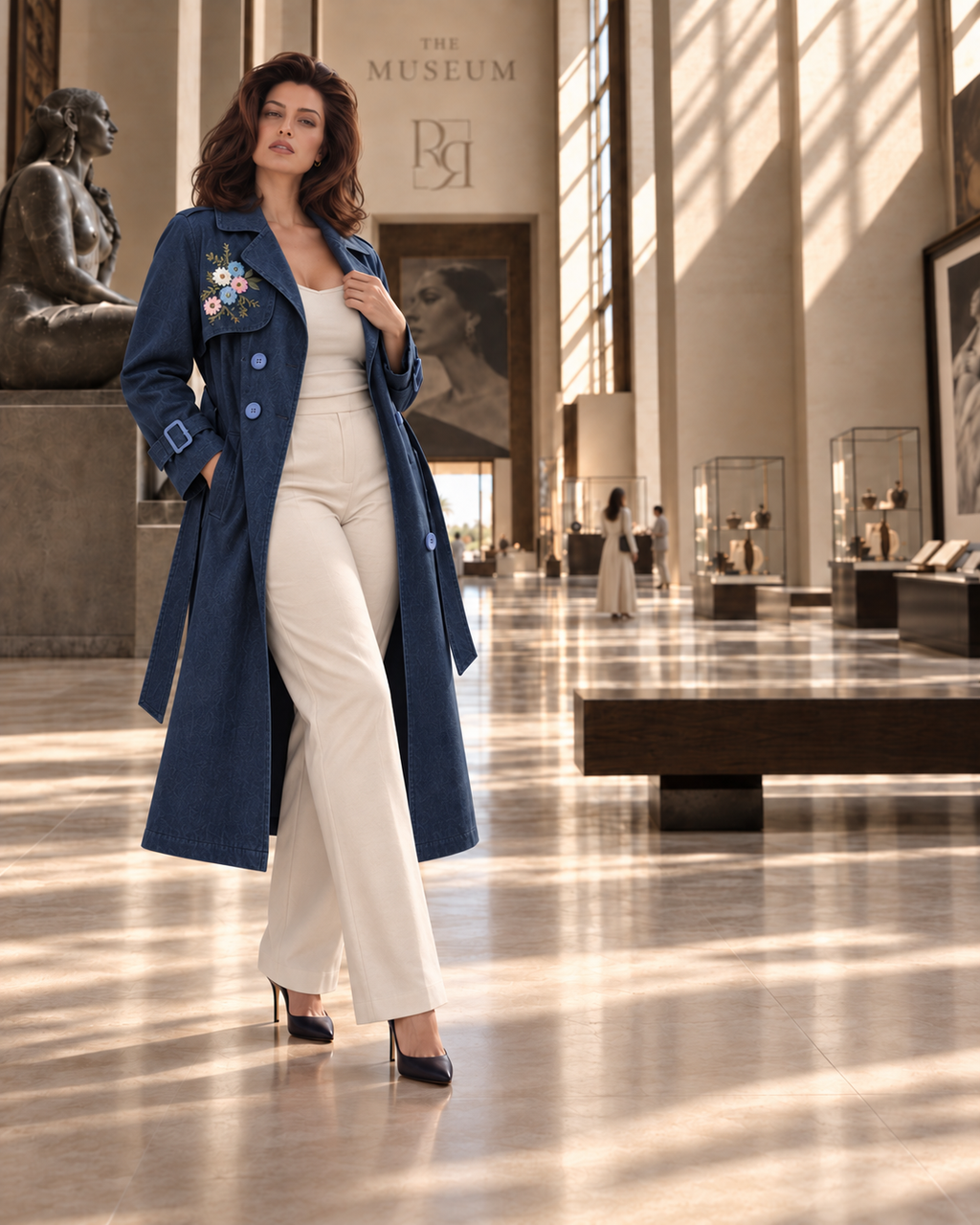 Floral Embroidered Denim Trench Coat