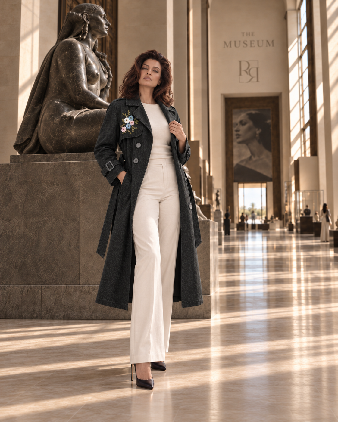 Floral Embroidered Denim Trench Coat