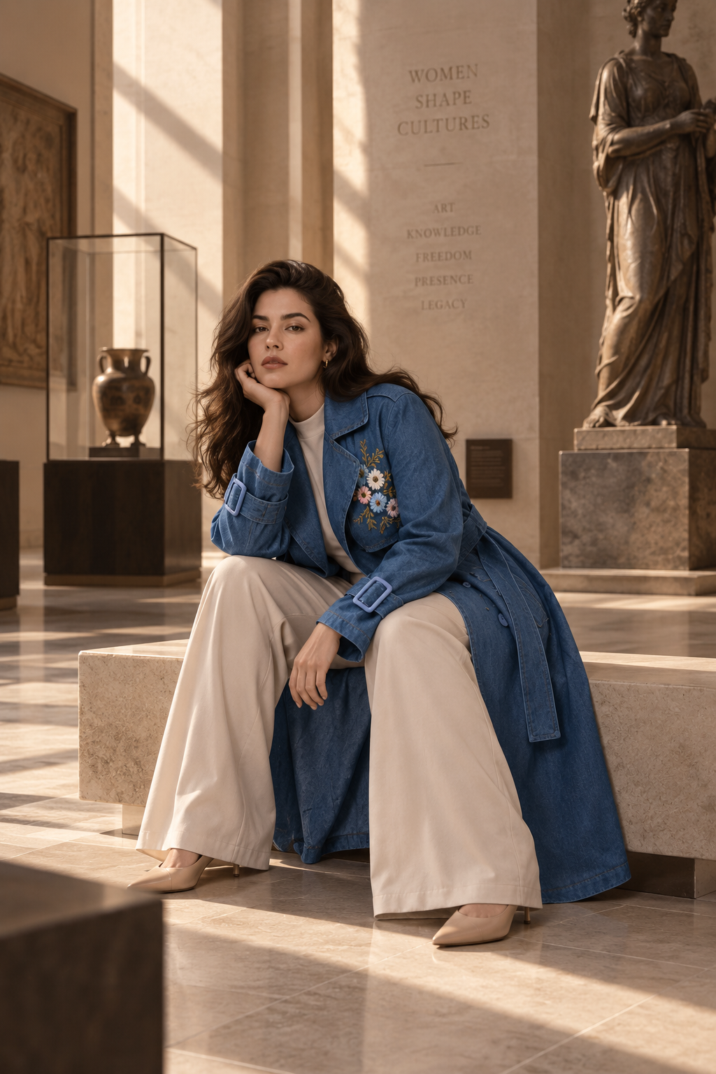 Floral Embroidered Denim Trench Coat