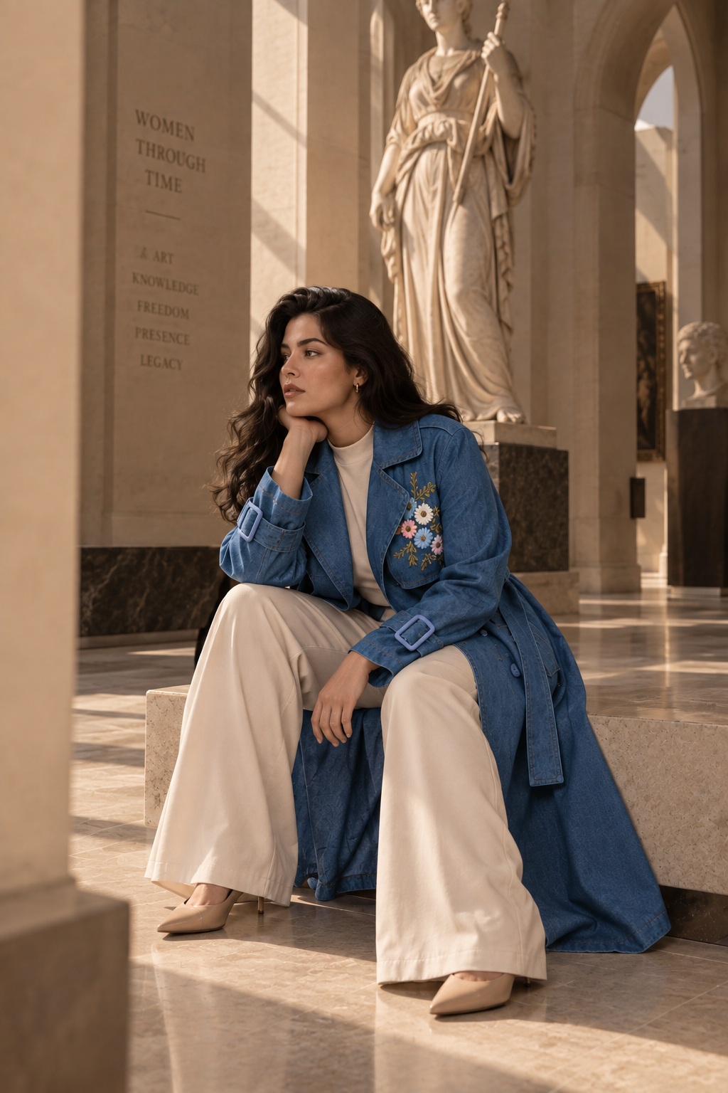 Floral Embroidered Denim Trench Coat