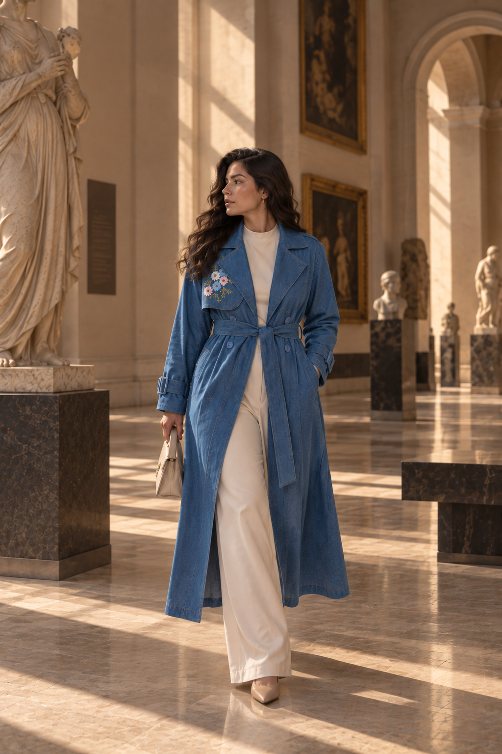 Floral Embroidered Denim Trench Coat