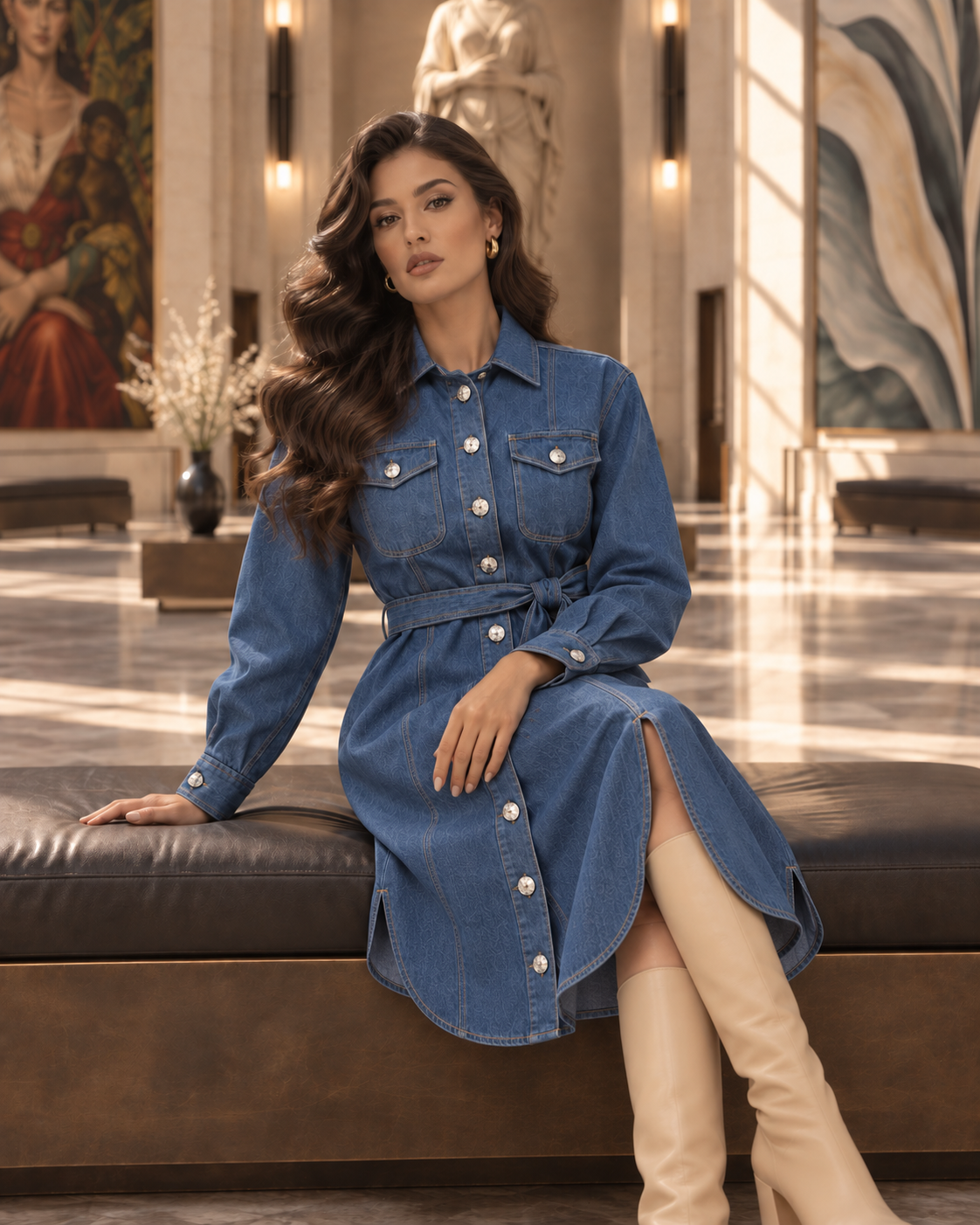 Belted Denim Long Chemise