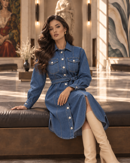 Belted Denim Long Chemise
