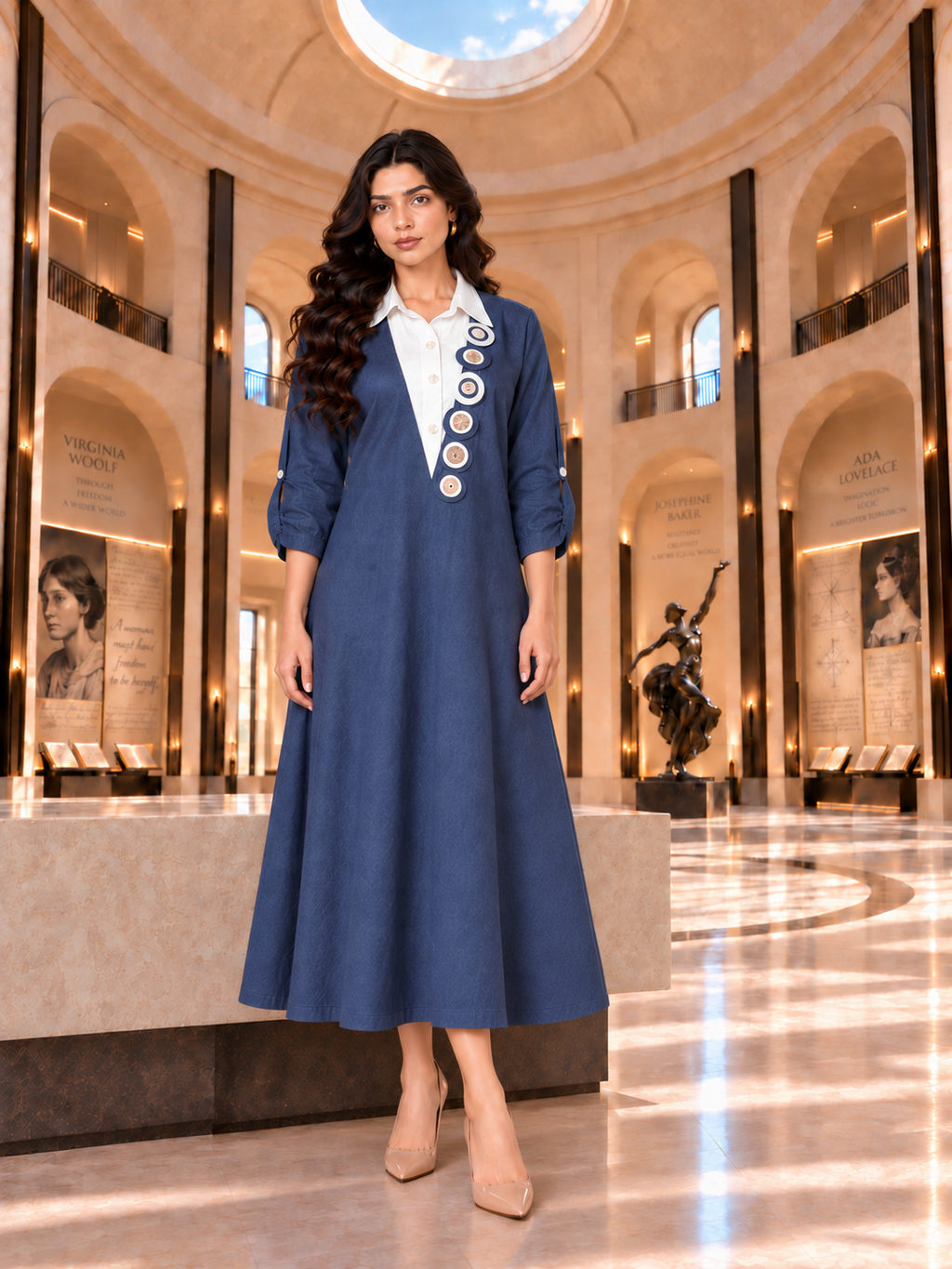 Contrast Collar Denim Dress